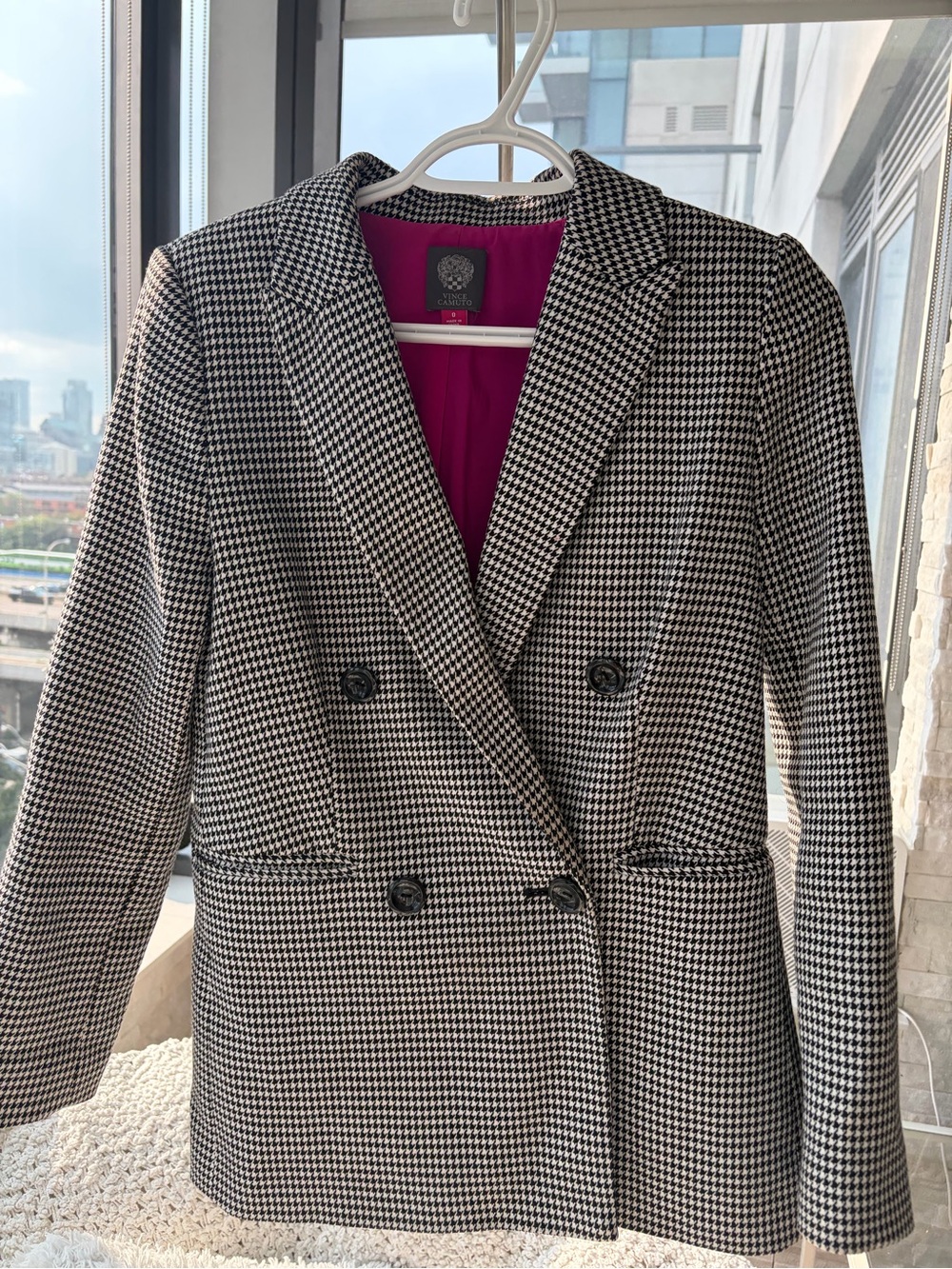 Vince Camuto Black & White Houndstooth Blazer with Magenta Lining